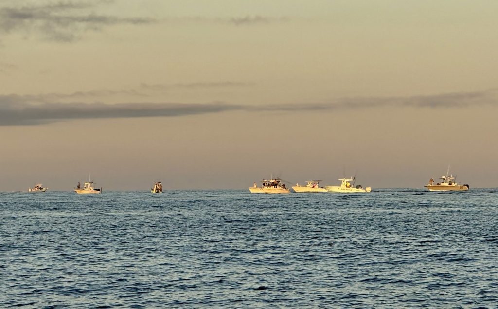 Several boats are seen on the water during sunset, with a calm sea and a gradient sky in the background.