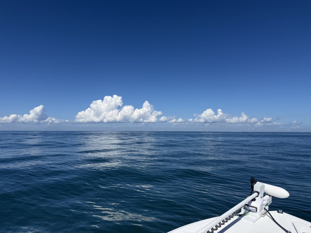 A serene view of calm ocean waters under a clear blue sky, with fluffy white clouds in the distance.
